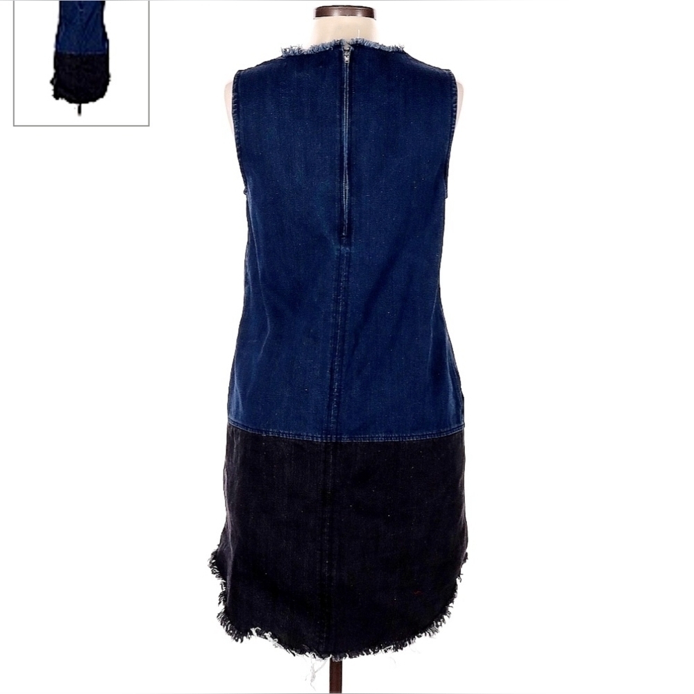 Colorblock Blue Black Denim Jean Dress Women's Large L Raw Frayed Hem Sleeveless - Picture 2 of 8